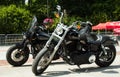 Two black Harleys by the city park. Royalty Free Stock Photo