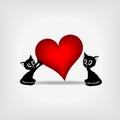 Two black kitens and big red heart Royalty Free Stock Photo