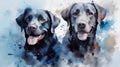 Two black labrador retriever dogs in watercolor painting style.