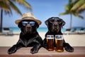 Two black labradors dogs wearing sun hat relax with a cold beer glasses on a tropical beach, generative ai