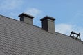 Two black metal chimneys on a gray tiled roof Royalty Free Stock Photo