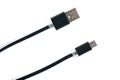 Two black micro cable connectors on white isolated background. Horizontal frame