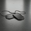 Two black military dog tags rest on a textured dark surface. The tags are connected Royalty Free Stock Photo