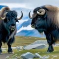 The two black musk oxen are in front of the mountain.