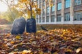 Two black plastic garbage bags filled with leaves. Royalty Free Stock Photo