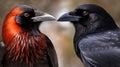 two black and red birds facing each other with a blurry background