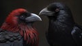 two black and red birds facing each other with a dark background