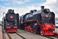 Two black and red rare steam locomotives in a museum at the Riga station Royalty Free Stock Photo