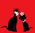 Two black royal cats on red background