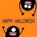Two black screaming monster head silhouette set. Happy Halloween. Eyes, teeth, tongue, hands. Hanging upside down. Funny Cute cart