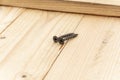 Two black screws are lying on a homemade wooden table, close-up, selective focus. Royalty Free Stock Photo