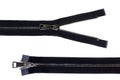 Two black sewing zippers. One zipper unzipped