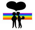 Two black silhouettes of boys in rainbow