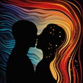 Two black silhouettes of people kissing around the colors of the rainbow