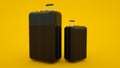 Two black travel suitcases isolated on yellow background, 3d rendering Royalty Free Stock Photo