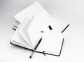 Two black unfold open notebooks with blank white pages and dark gel pen. Minimalistic back