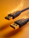 Two black usb cables with golden connectors surrounded by glowing particles against a warm orange background symbolizing data Royalty Free Stock Photo