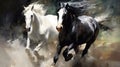 Two black&white beautiful horses plaing, very dynamic, oil paint