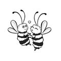 Two black and white bees spinning in dance, love, kiss, vector illustration