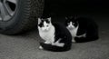 Two black and white cats sitting under a car next to wheel Royalty Free Stock Photo