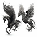 two black and white horses with wings on their backs, one running and the other running with its head down, on a white background Royalty Free Stock Photo