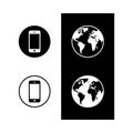 Two black and white icons of a smartphone and two icons of a globe Keywords: smartphone, mobile phone Royalty Free Stock Photo