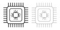 Two black and white illustrations of a microprocessor depicting circuitry intricate design with square shape isolated on Royalty Free Stock Photo