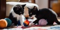 Two black and white kittens playing with balls of yarn. AI generative image. Royalty Free Stock Photo