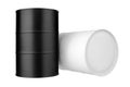 Two black and white metal barrels isolated close up, oil drum, steel keg, blank closed food tin can, aluminium cask, petroleum