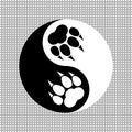 Two black and white paw prints with claws and yin yang symbol. Vector logo. Royalty Free Stock Photo