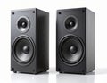 Two Black Wooden Speakers on Reflective White Background in Studio Lighting Royalty Free Stock Photo