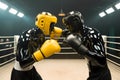 Two black and yellow boxing gloves fighting in the ring. 3D rendering Royalty Free Stock Photo