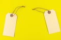 Two blank brown gift tags with a string lying on a yellow background made of sponge, on the sides. Royalty Free Stock Photo