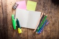 Two blank colorful sticky notes , notebook ,pencil ,highlighter