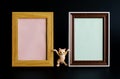 Two blank empty frames for pictures, photos or ads. Next to a funny toy dancing cat from a meme. Black background. A memorable