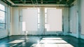 Two blank frame hanging from the ceiling of a bright empty room. Copy space Royalty Free Stock Photo