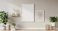 Two blank frames, one large and one small, are displayed on a neutral wall alongside various potted plants and Royalty Free Stock Photo