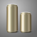 Two blank golden beer cans isolated on gray