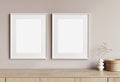 Two blank picture frames mockup on a wall. Templates for painting or poster. White living room interior design.