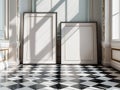 Two blank picture frames stand in a bright, opulent room with checkered marble tile floors and white paneled walls