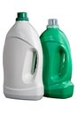 Two blank plastic white and green bottles of laundry detergent or cleaning agent isolated on white background. Mockup Royalty Free Stock Photo