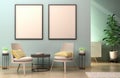 Two blank posters mockup with frame on the wall in living room interior design scandinavian style. 3D illustration