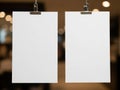 Two blank sheets of paper held by black clips on a wooden surface Royalty Free Stock Photo