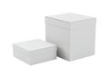 Two blank white cardboard boxes one tall and one short on a white background Royalty Free Stock Photo