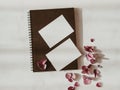 Two blank white cards, dry pink flowers on black notebook on white background with shadows top view Royalty Free Stock Photo