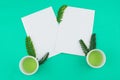 Two blank white cards and green tea Royalty Free Stock Photo