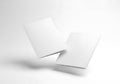 Two blank white cards suspended in a minimalist studio environment with soft shadows Royalty Free Stock Photo