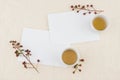 Two blank white cards and tea Royalty Free Stock Photo