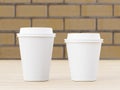 Blank white paper cups with caps on a wooden table, 3D rendering