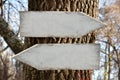 Two blank white weathered wooden signposts on a tree in the forest